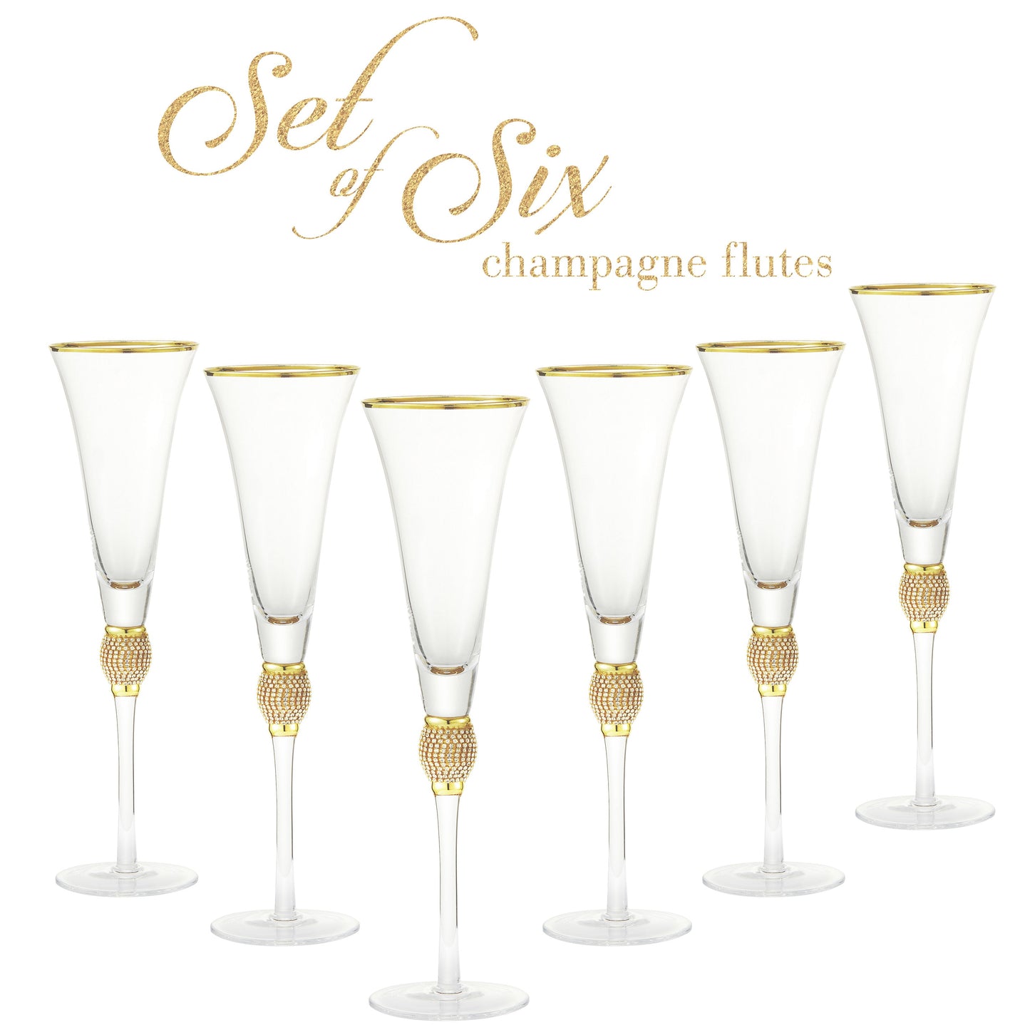 Berkware Set of 6 Trumpet Champagne Glasses - Luxurious Crystal Trumpet Champagne Flutes - Elegant Gold tone Rim & Rhinestone Embellishments - 9oz, 11" tall flutes - Champagne glasses for toasting