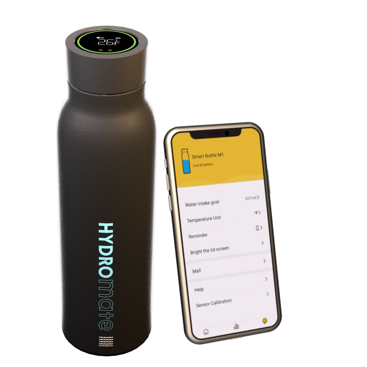 Hydromate 20 oz Black Stainless Steel Vacuum Insulated Hydration Water Bottle With Tracking App and Reminder Settings by Drinkpod