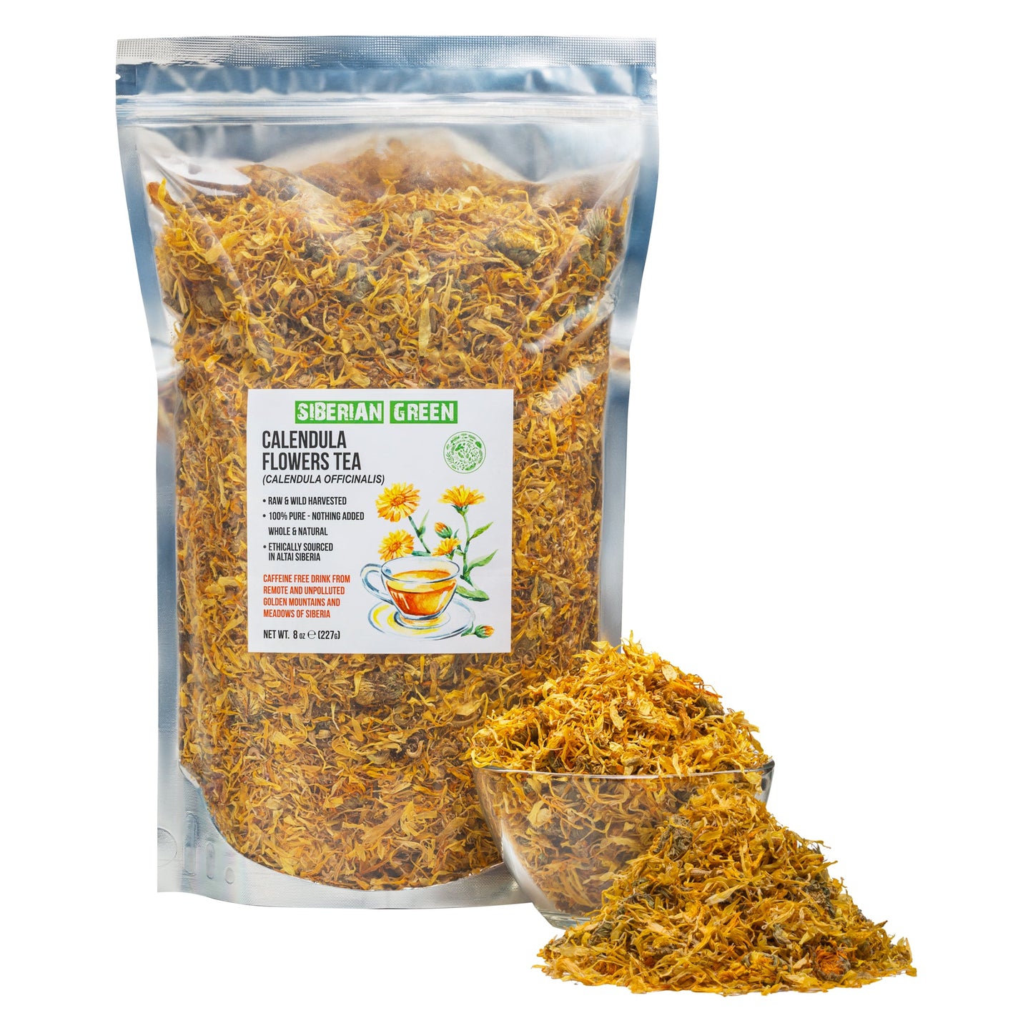 Siberian Green Calendula Flowers Petals Tea 227g (8 oz) Dried Marigold Wild Harvested Altai Golden Mountains