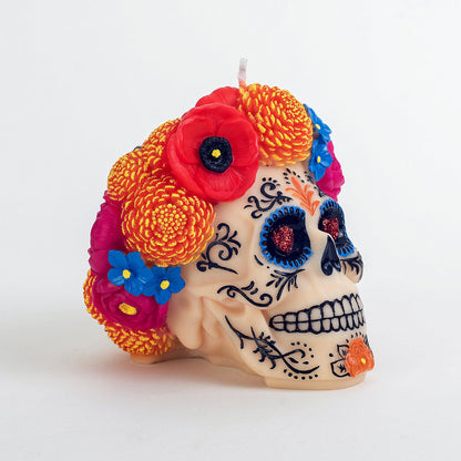 Dia De Los Muertos | Floral Skull Scented Candle for Day of The Dead Mexico | Calavera Skull with Floral Decoration | Home Room Decor Candle