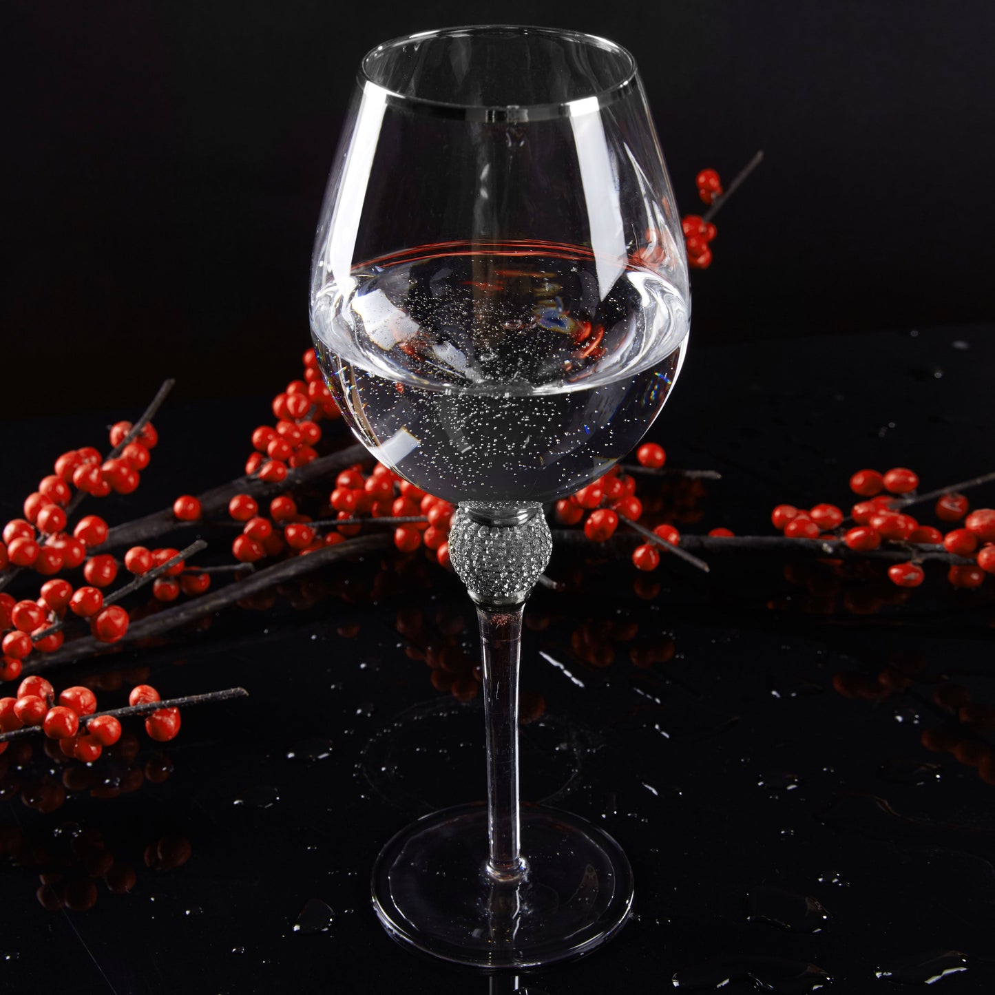 Berkware Red Wine Glass with Rhinestone Design and Silver Rim, Set of 6