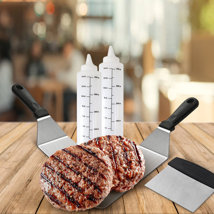 Cheer Collection 5-Piece Stainless Steel Griddle Set – Spatulas, Scraper, and Squeeze Bottles for BBQ, Grill, and Kitchen Cooking