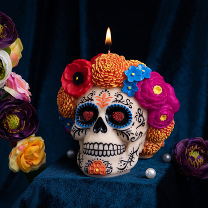 Dia De Los Muertos | Floral Skull Scented Candle for Day of The Dead Mexico | Calavera Skull with Floral Decoration | Home Room Decor Candle