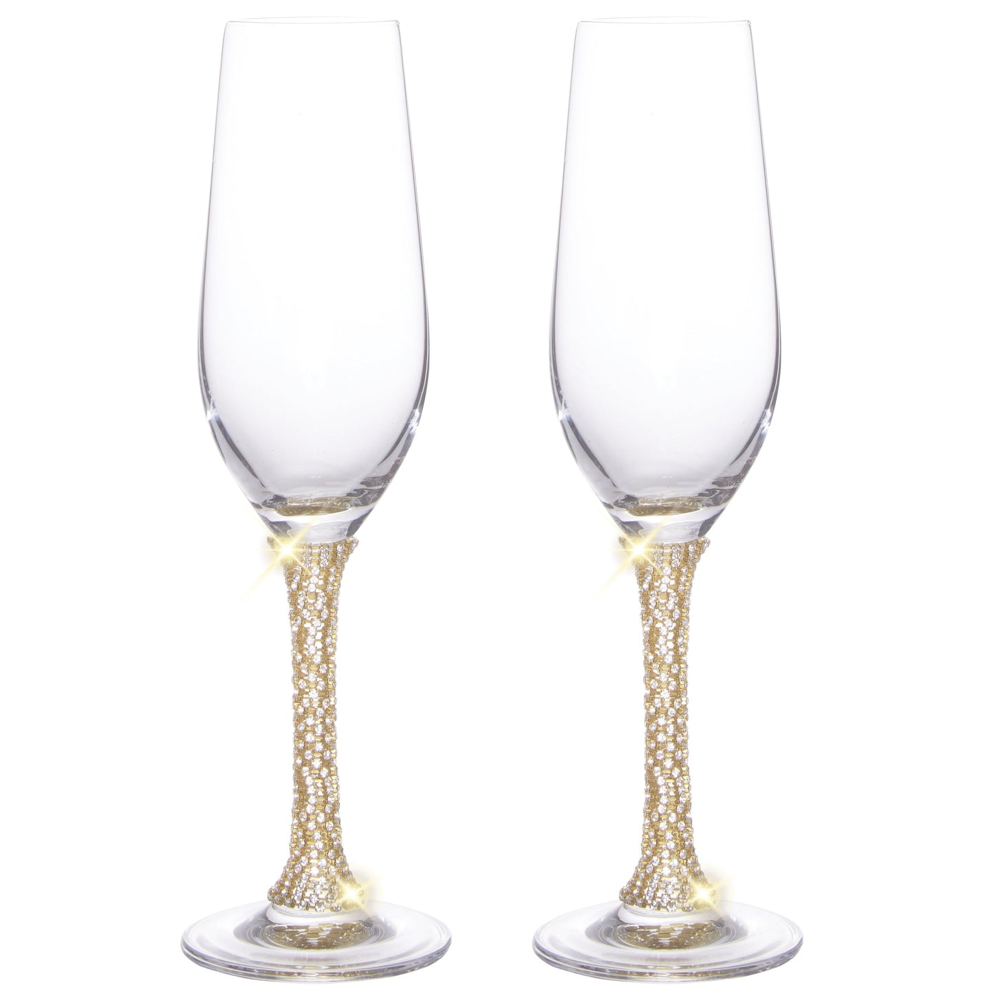 Berkware Champagne Glasses Set of 2 - Luxurious Crystal Champagne Flutes - Elegant Rhinestone Embellished Stem - Two Gold tone Champagne Glasses for toasting