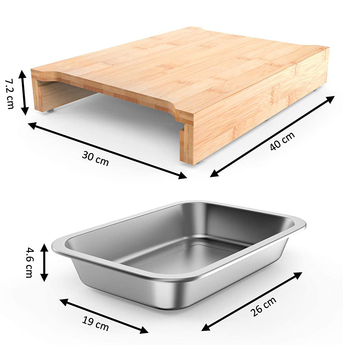 Bamboo Cutting Board with 2 Organizing Stainless Steel Trays by ecozoi