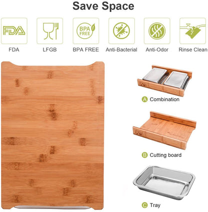 Bamboo Cutting Board with 2 Organizing Stainless Steel Trays by ecozoi