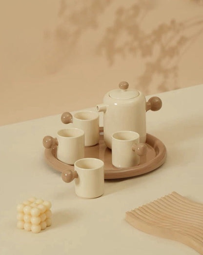 Cute Whimsical Dopamine Bauhaus Tea Pot & Tea Cups Set Of 8 Pcs - Handmade Ceramic Teaset Gift Box