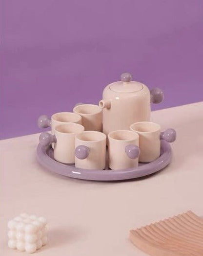 Cute Whimsical Dopamine Bauhaus Tea Pot & Tea Cups Set Of 8 Pcs - Handmade Ceramic Teaset Gift Box