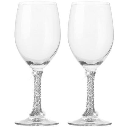 Berkware Set of 2 Crystal Wine Glasses - Elegant Silver tone Studded Long Stem Red Wine Glasses