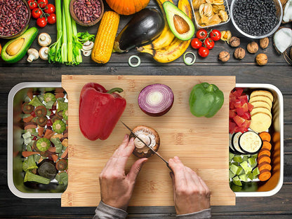 Bamboo Cutting Board with 2 Organizing Stainless Steel Trays by ecozoi