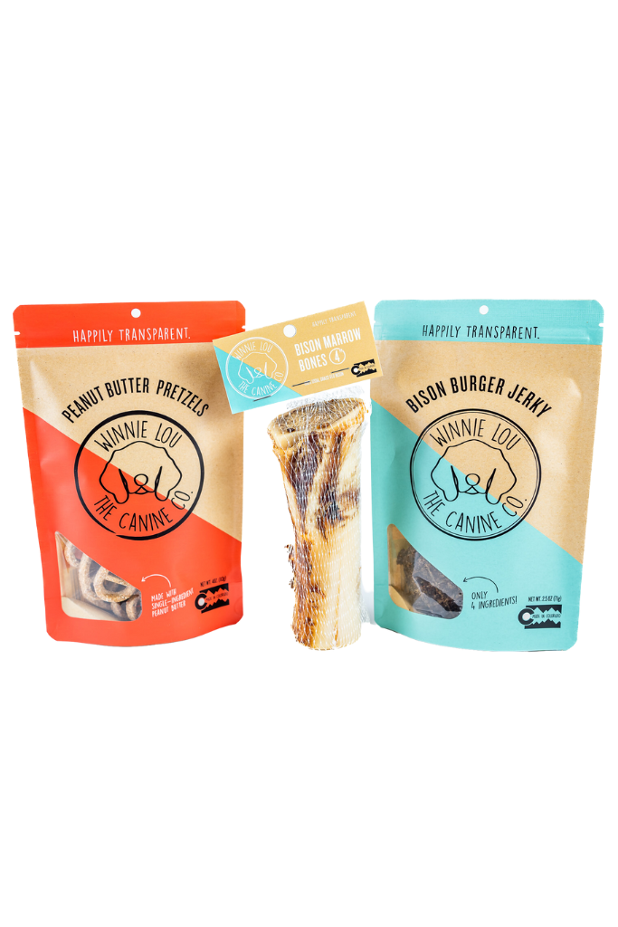 Winnie Lou, Pet Snack Bundle, Peanut Butter Pretzels, Bison Burger Jerky, Bison Marrow Bone 4