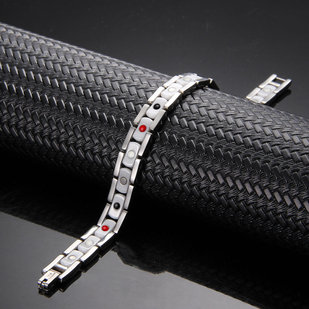 Ceramic and Stainless Steel Energy Bracelet 4-in-1. White & Silver Color. Model CEB042