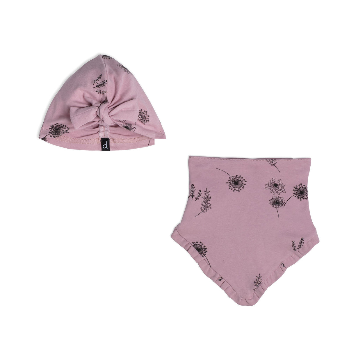 Organic Cotton Hat And Bib Set Printed Flowers Dusty Purple by Deux par Deux