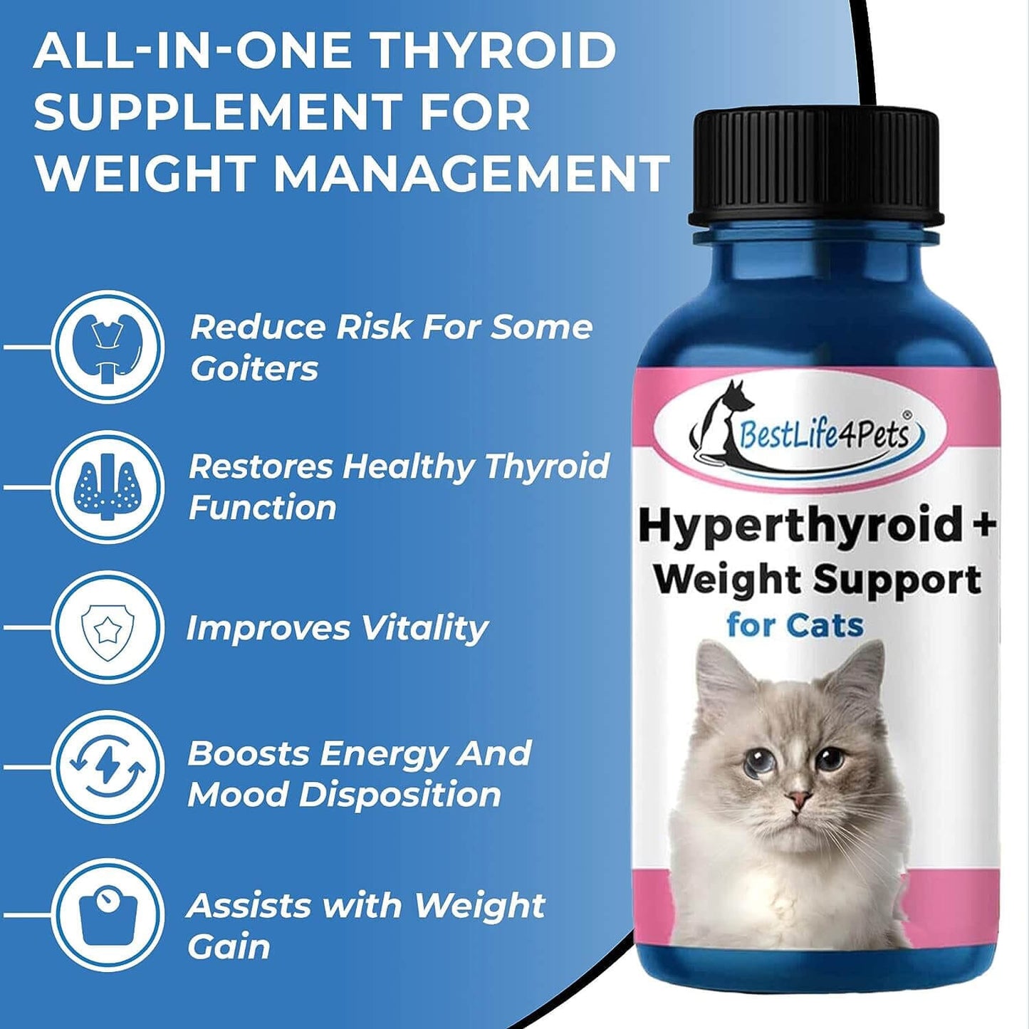 Hyperthyroidism Supplement for Cats - Treats Cat Hyperthyroid, Patchy Hair Loss, and Helps Cat Weight Gain by BestLife4Pets