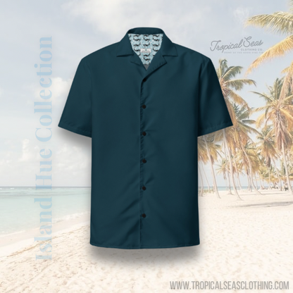 Stylish Solid Dark Seas Blue Camp Shirt - Recycled Polyester, Pulls 2 Pounds of Ocean Plastic, Ideal for Men, Travelers, Beach Lovers