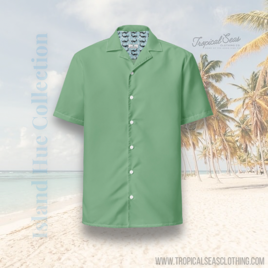 Stylish Solid Palm Green Camp Shirt - Recycled Polyester, Pulls 2 Pounds of Ocean Plastic, Ideal for Men, Travelers, Beach Lovers