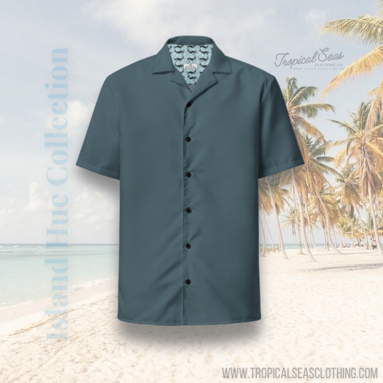 Elegant Stormy Squall Blue Camp Shirt | Recycled Polyester | Solid Button-Down | Gift for Him, Beach Lovers | Removes 2 Pounds Ocean Plastic