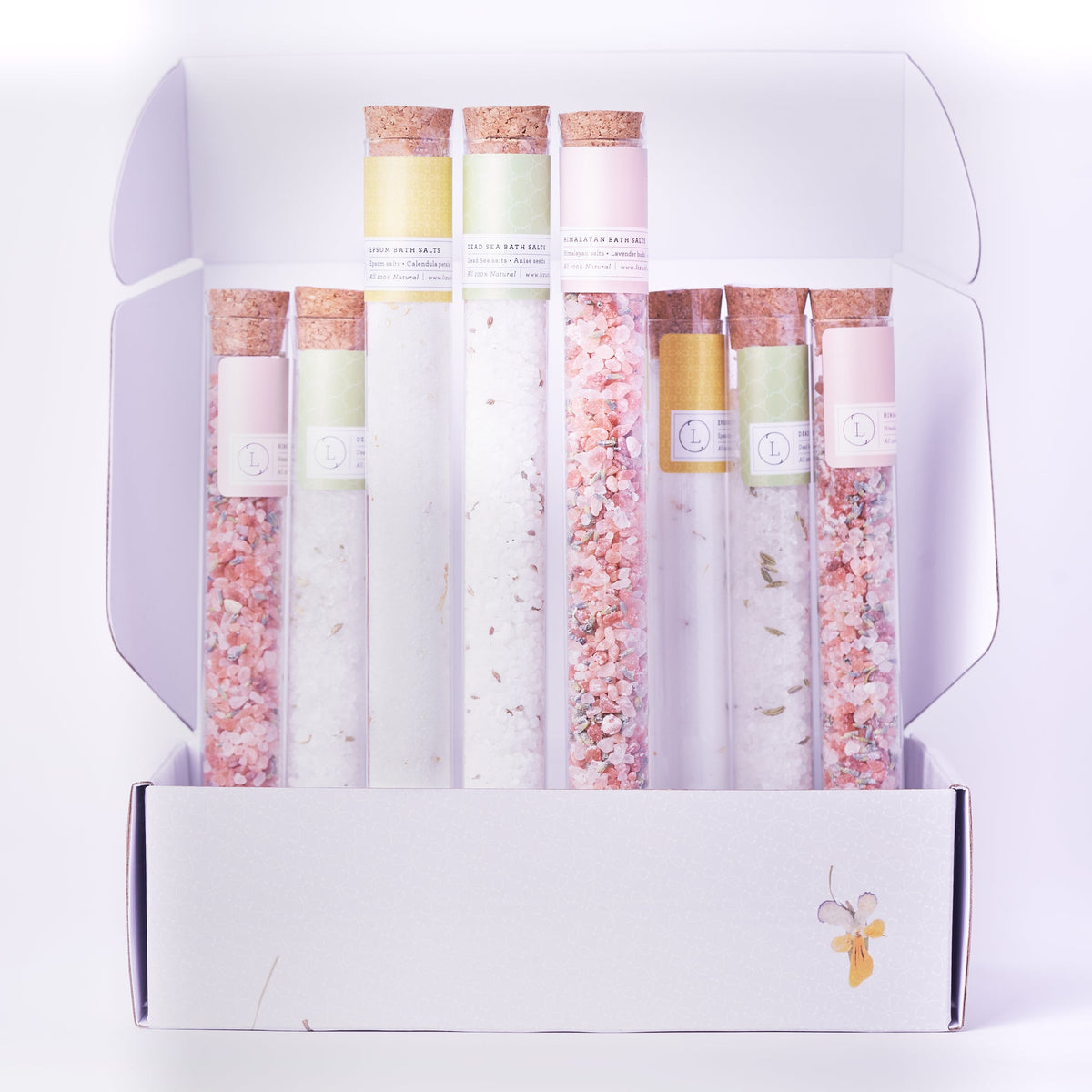 Natural Bath Salts Gift set in 8 Glass Tubes, Luxurious Bath Experience