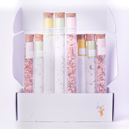 Natural Bath Salts Gift set in 8 Glass Tubes, Luxurious Bath Experience