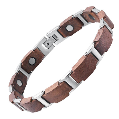 Wood and Stainless Steel Unisex Magnetic Bracelet. Brown & Silver Color. Model WB013