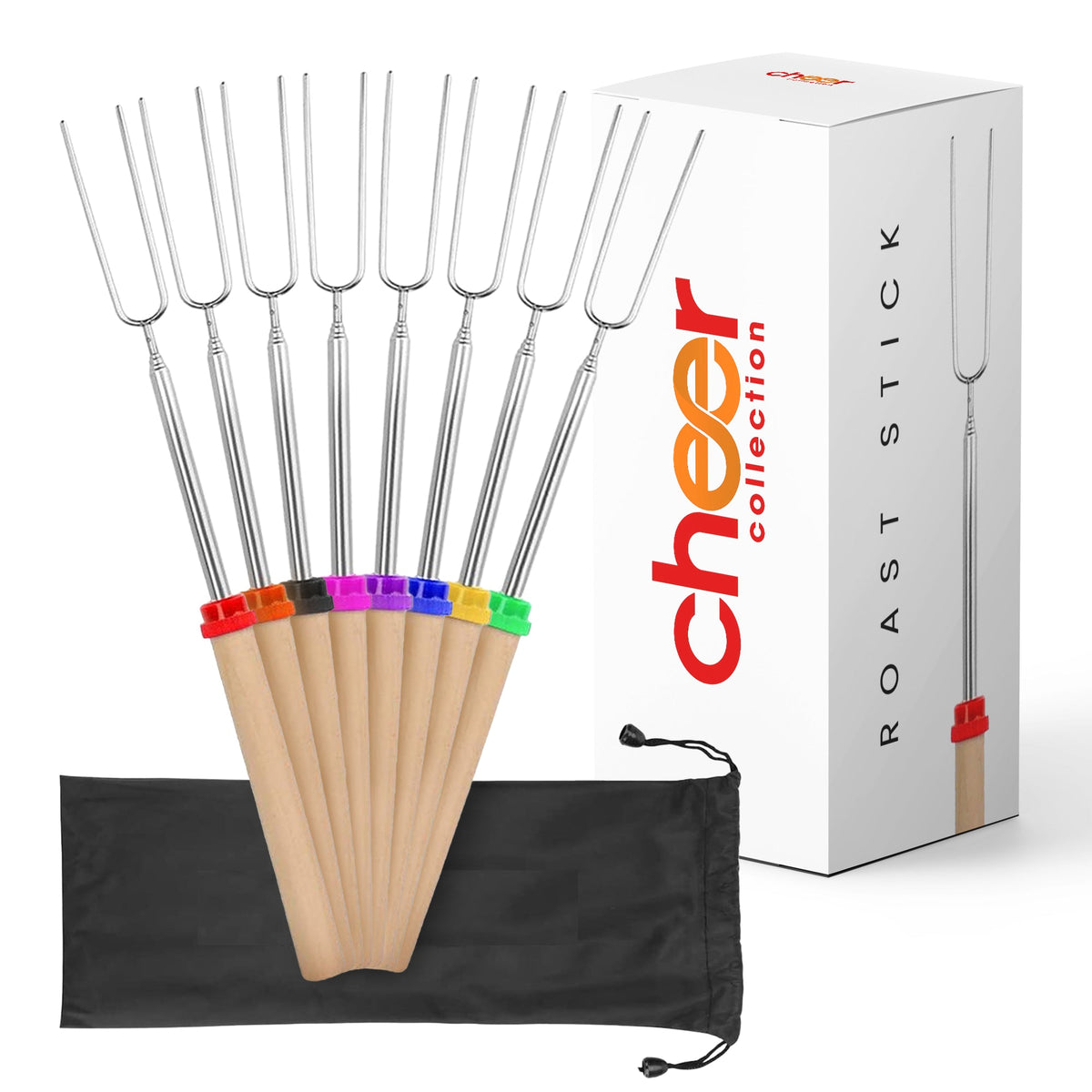 Cheer Collection Marshmallow Roasting Sticks - Set of 8 Extendable Smores Sticks and BBQ Forks