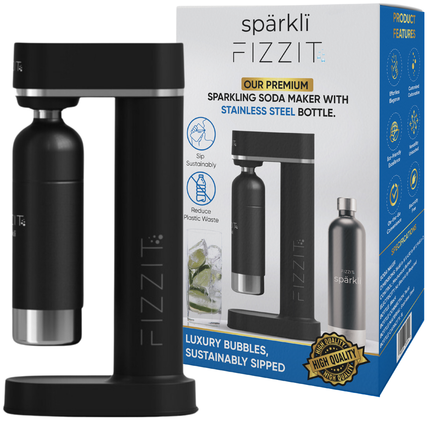 Fizzit Spärklï Carbonated Water Soda Maker with Stainless Steel Bottle Included