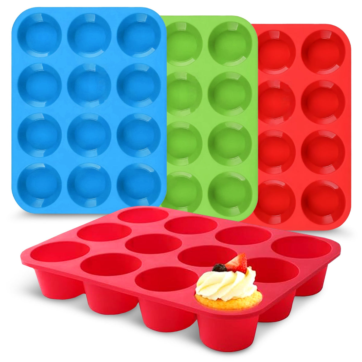 Cheer Collection Set of 3 Non-Stick Silicone Muffin Pans – BPA-Free, Food-Grade Baking Tray