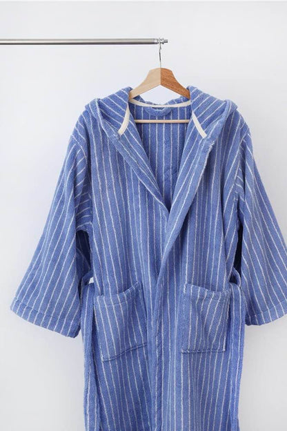 Blue Retro Hooded Stripe Bath Robe, 100% ORGANIC Long-stapled Cotton