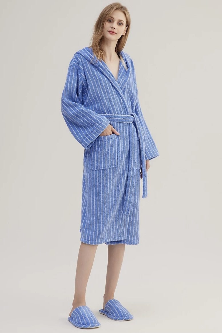 Blue Retro Hooded Stripe Bath Robe, 100% ORGANIC Long-stapled Cotton