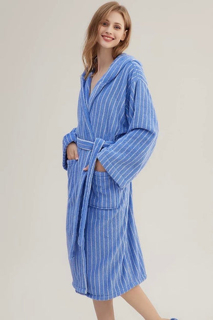 Blue Retro Hooded Stripe Bath Robe, 100% ORGANIC Long-stapled Cotton