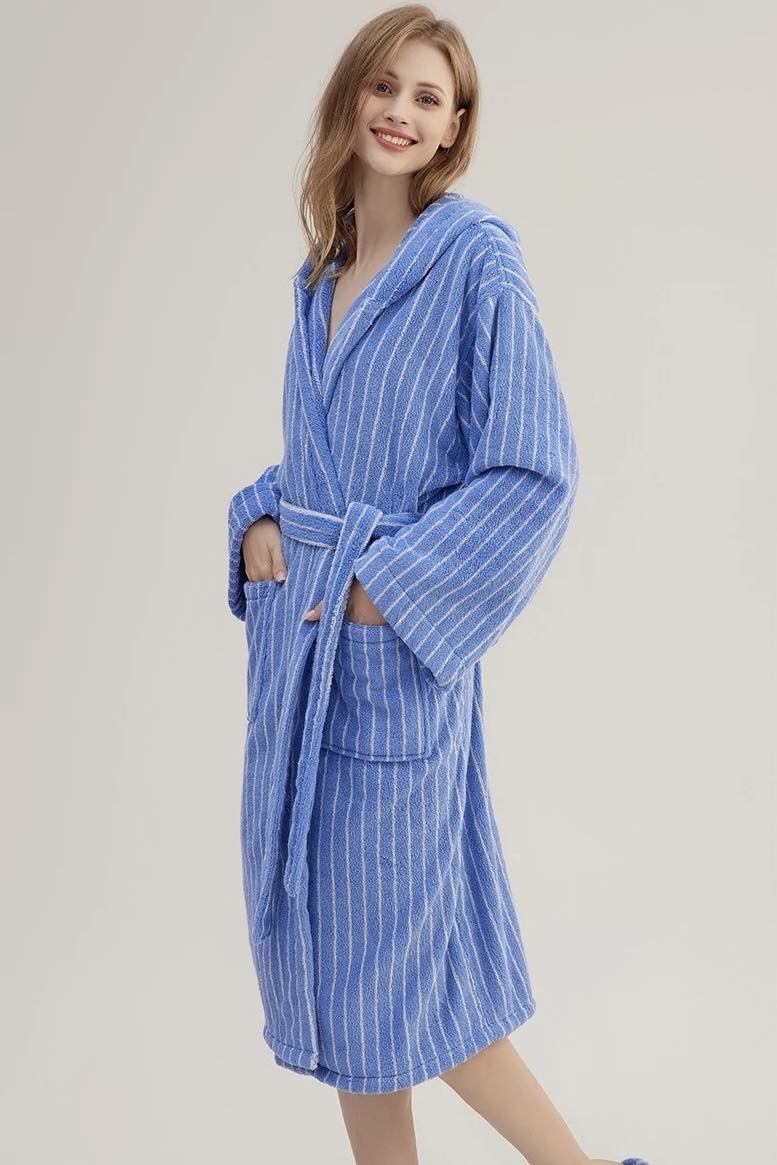 Blue Retro Hooded Stripe Bath Robe, 100% ORGANIC Long-stapled Cotton