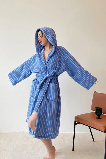 Blue Retro Hooded Stripe Bath Robe, 100% ORGANIC Long-stapled Cotton