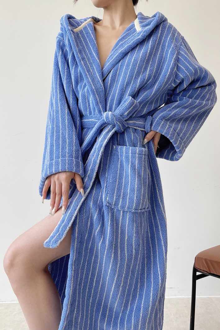 Blue Retro Hooded Stripe Bath Robe, 100% ORGANIC Long-stapled Cotton