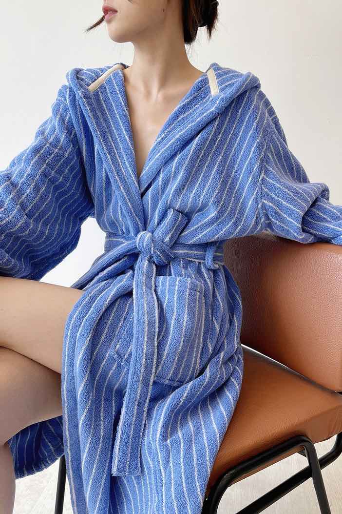 Blue Retro Hooded Stripe Bath Robe, 100% ORGANIC Long-stapled Cotton