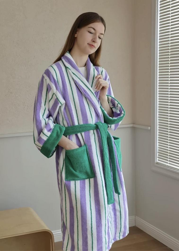 Ultra Soft Whimsical Retro Stripe Bathrobe - 100% Organic Long-stapled Cotton