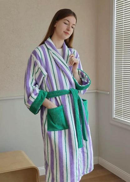 Ultra Soft Whimsical Retro Stripe Bathrobe - 100% Organic Long-stapled Cotton