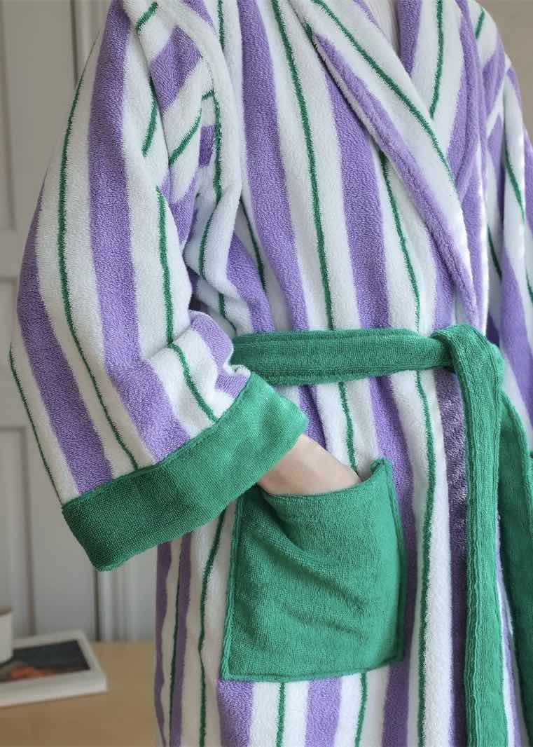 Ultra Soft Whimsical Retro Stripe Bathrobe - 100% Organic Long-stapled Cotton