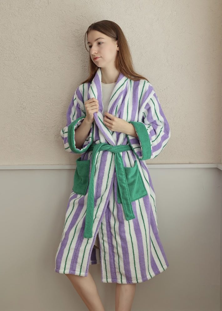 Ultra Soft Whimsical Retro Stripe Bathrobe - 100% Organic Long-stapled Cotton