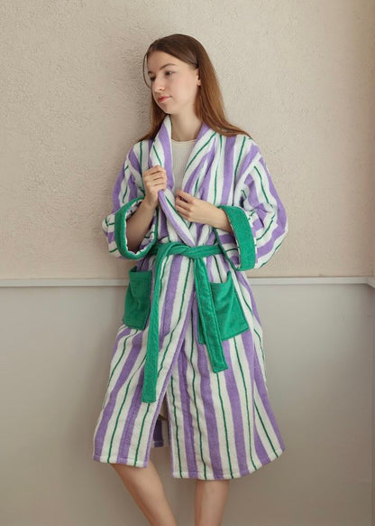 Ultra Soft Whimsical Retro Stripe Bathrobe - 100% Organic Long-stapled Cotton