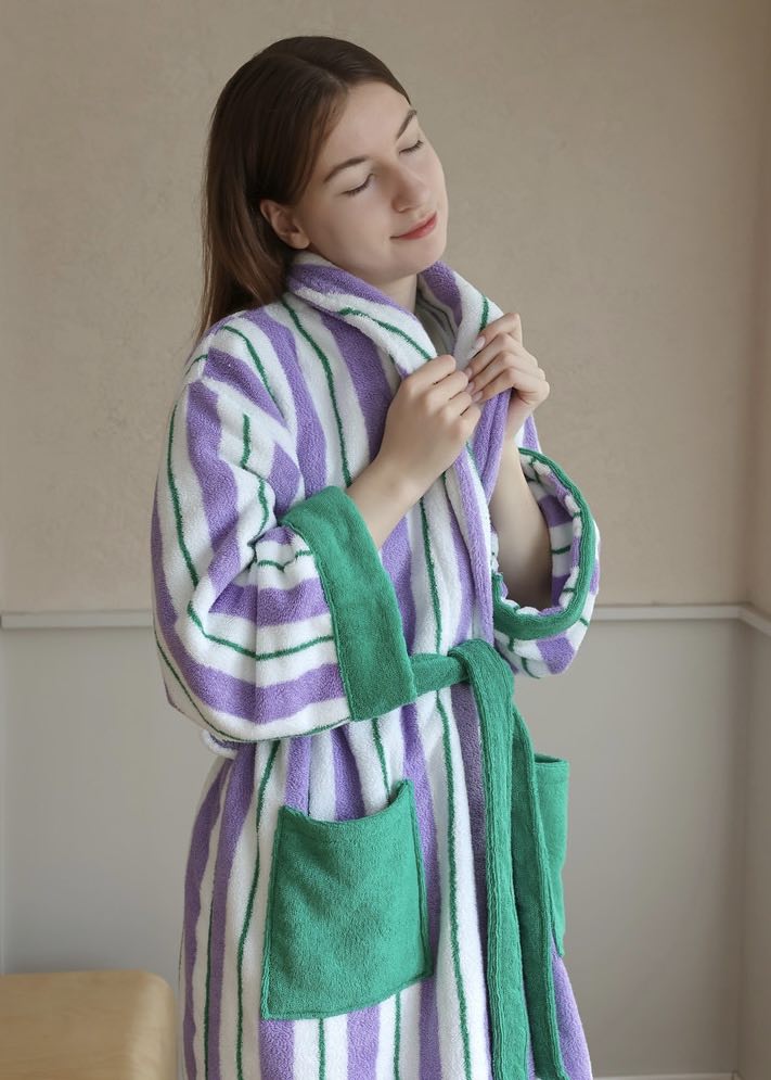 Ultra Soft Whimsical Retro Stripe Bathrobe - 100% Organic Long-stapled Cotton