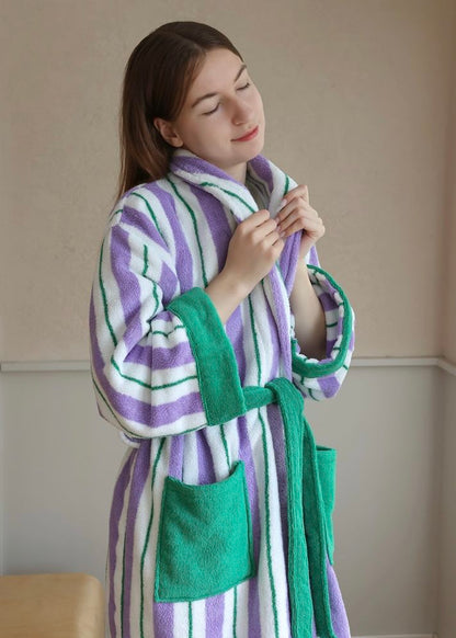 Ultra Soft Whimsical Retro Stripe Bathrobe - 100% Organic Long-stapled Cotton