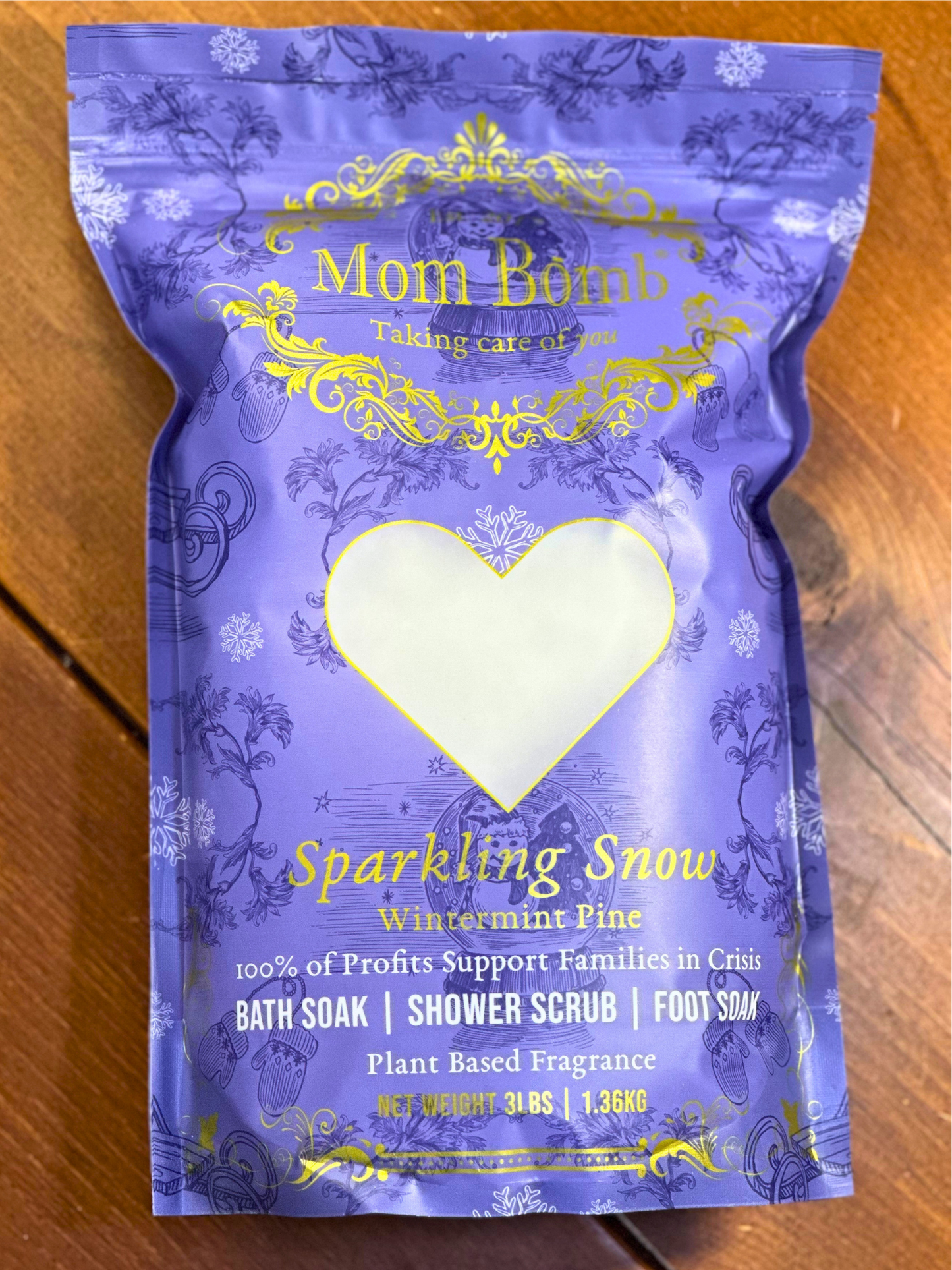 Mom Bomb Sparkling Snow Winter-Mint scented Bath Salts Shower Scrub and Foot Soak – All-Natural, Vegan, Multi-Use for Winter Revitalization (3lbs)