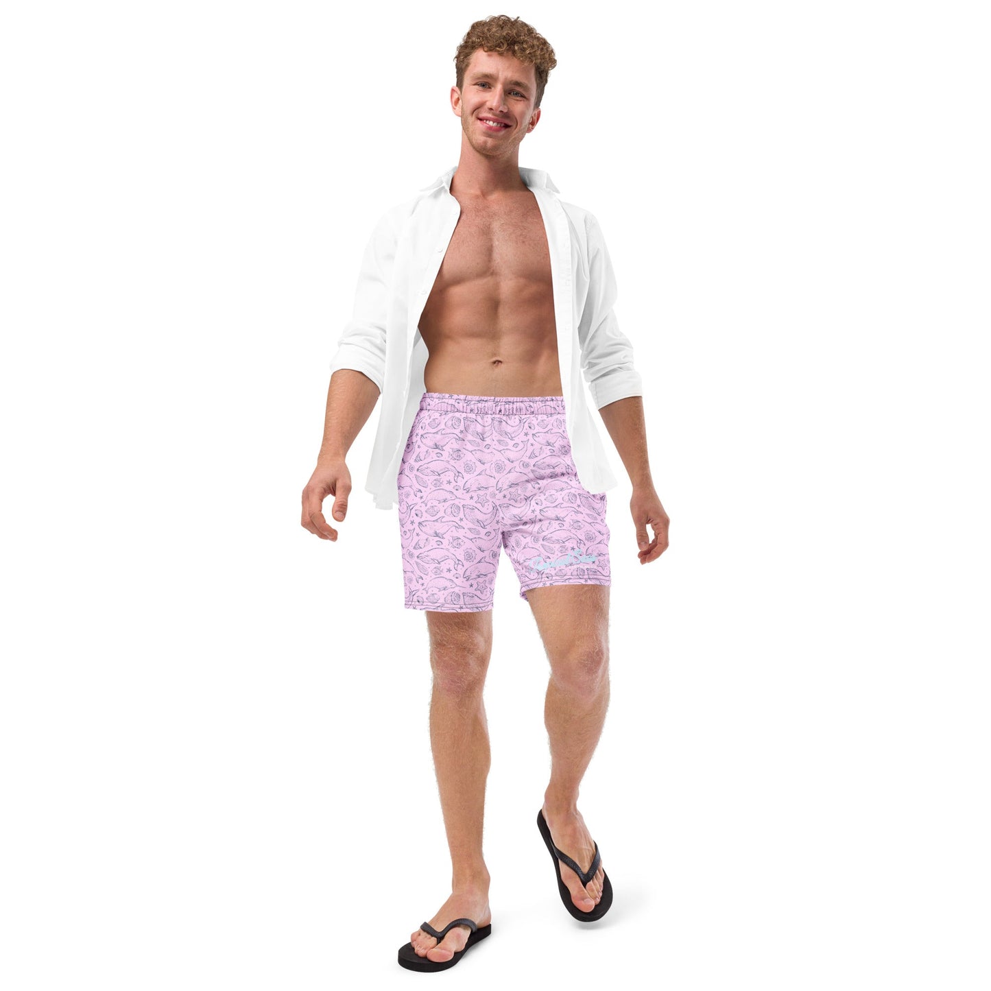 Men's Eco Pink Whale Pod Swim Trunks