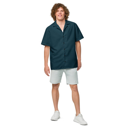 Stylish Solid Dark Seas Blue Camp Shirt - Recycled Polyester, Pulls 2 Pounds of Ocean Plastic, Ideal for Men, Travelers, Beach Lovers