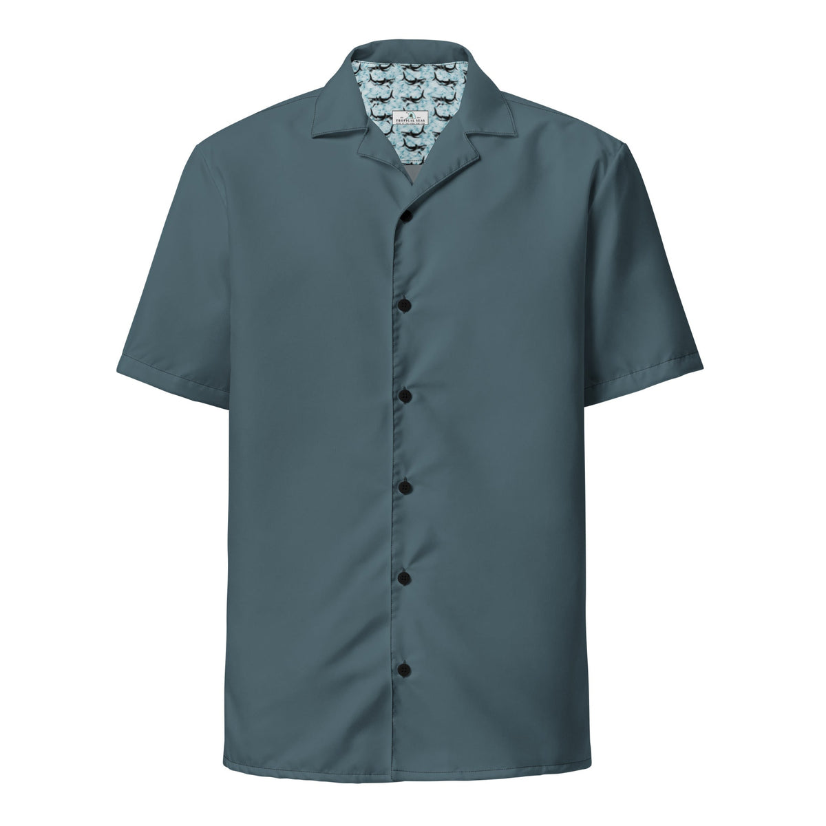 Elegant Stormy Squall Blue Camp Shirt | Recycled Polyester | Solid Button-Down | Gift for Him, Beach Lovers | Removes 2 Pounds Ocean Plastic