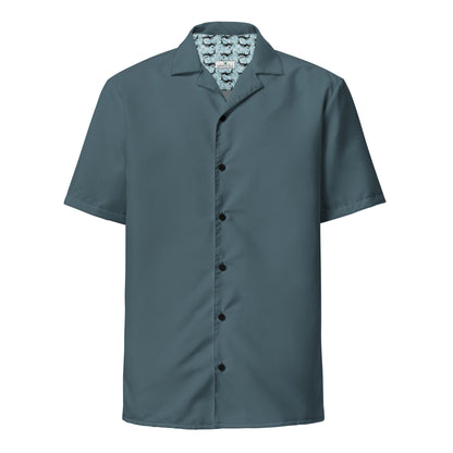 Elegant Stormy Squall Blue Camp Shirt | Recycled Polyester | Solid Button-Down | Gift for Him, Beach Lovers | Removes 2 Pounds Ocean Plastic