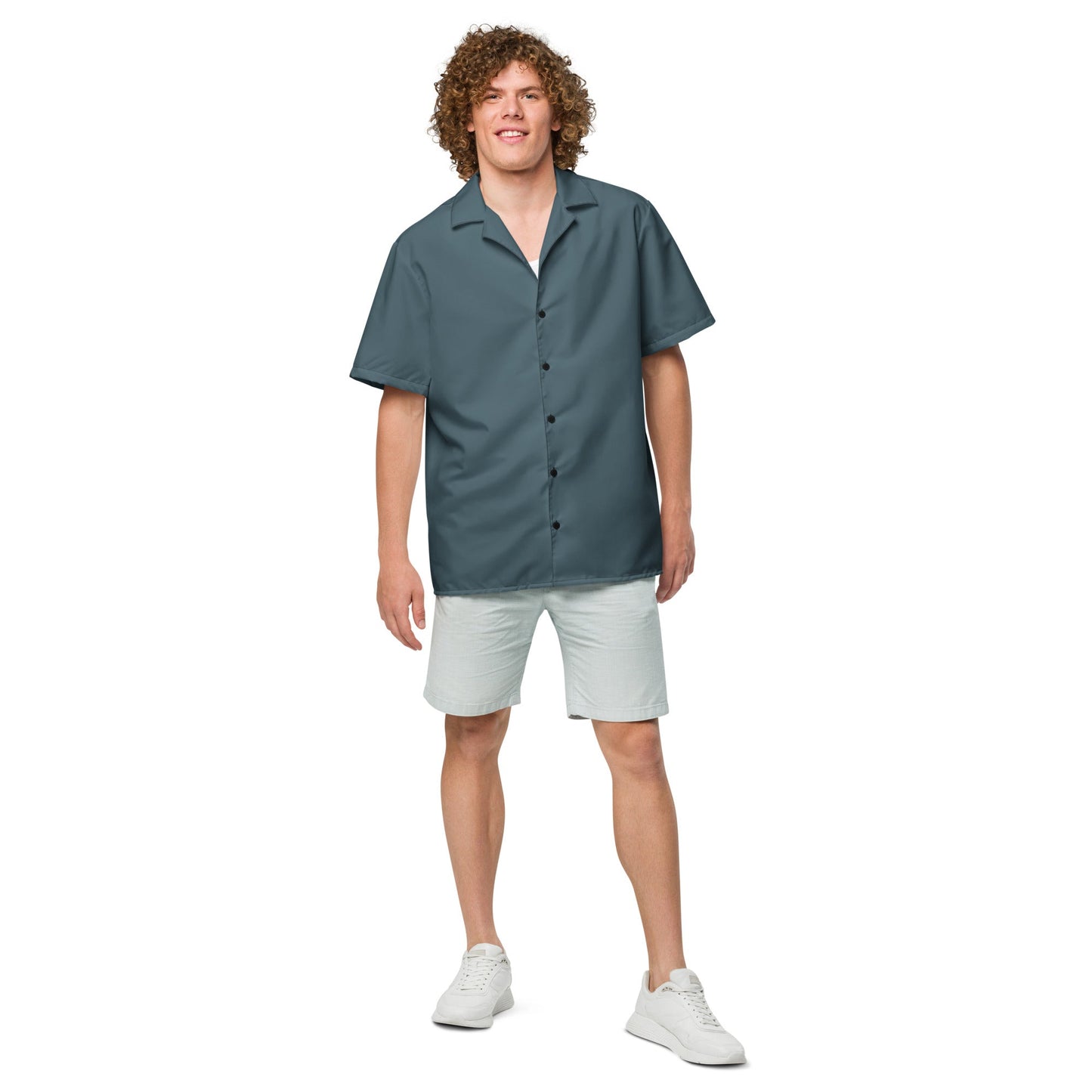 Elegant Stormy Squall Blue Camp Shirt | Recycled Polyester | Solid Button-Down | Gift for Him, Beach Lovers | Removes 2 Pounds Ocean Plastic