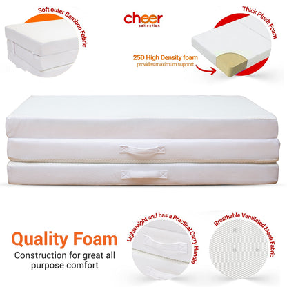 Cheer Collection 4" Folding Mattress, Tri-Fold Floor Mat for Compact Storage with Soft Bamboo Washable Cover- Foldable Sleeping Pad and Floor Mattress