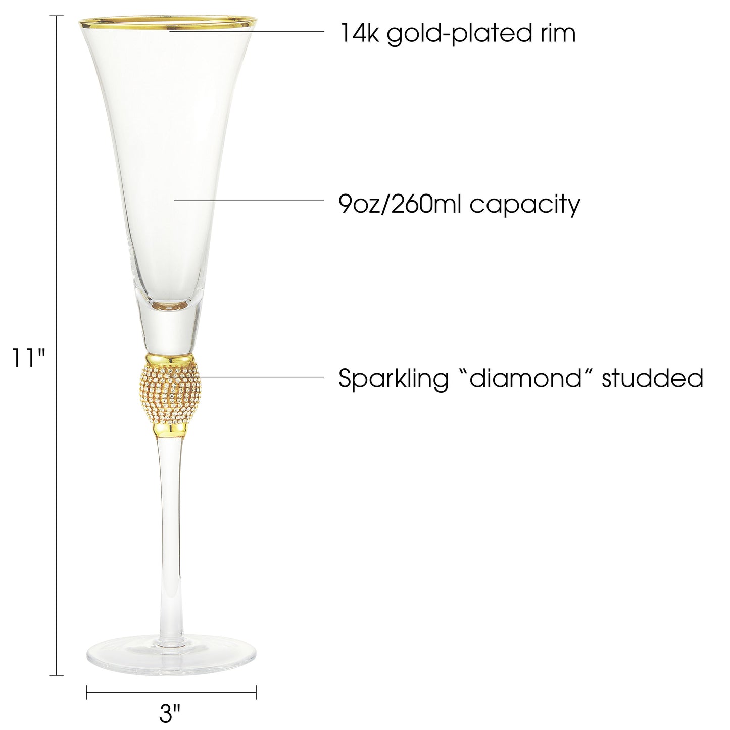 Berkware Set of 6 Trumpet Champagne Glasses - Luxurious Crystal Trumpet Champagne Flutes - Elegant Gold tone Rim & Rhinestone Embellishments - 9oz, 11" tall flutes - Champagne glasses for toasting