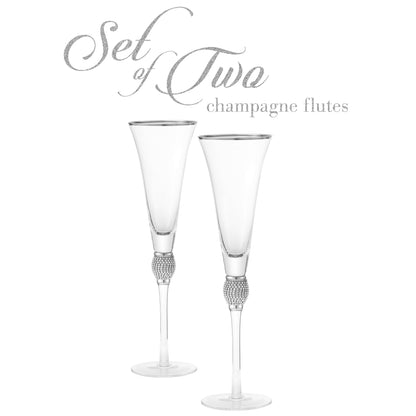 Berkware Set of 2 Trumpet Champagne Glasses - Luxurious Crystal Trumpet Champagne Flutes - Elegant Gold tone Rim & Rhinestone Embellishments - 9oz, 11" tall flutes - Champagne glasses for toasting